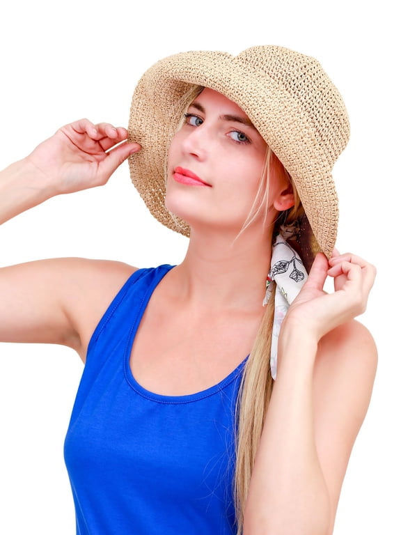 Women Foldable Wide Brim Floppy Straw Hat Sun Protection Summer Beach Hat (Beige)