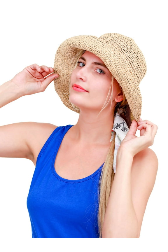 Women Foldable Wide Brim Floppy Straw Hat Sun Protection Summer Beach Hat (Beige)