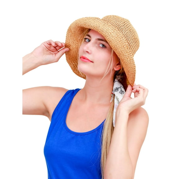 Deago Women Foldable Wide Brim Floppy Straw Hat Sun Protection Summer Beach Hat (Khaki)