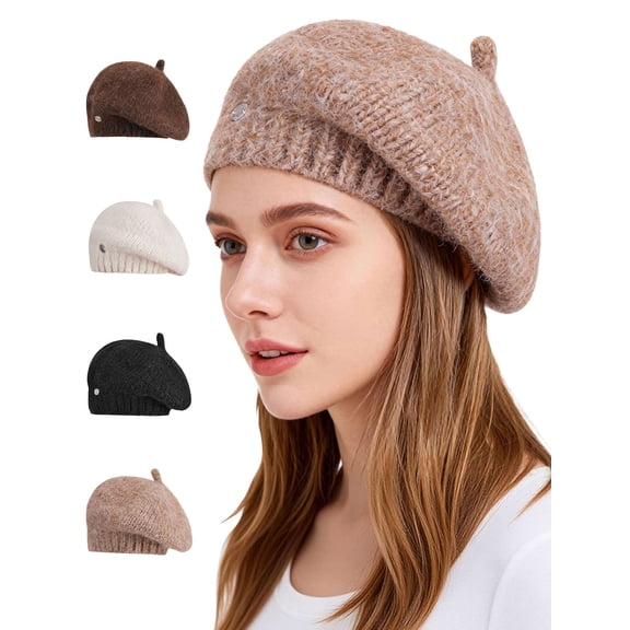 Deago Women French Beret Hat Knit Warm Beanie Cap Classic Solid Color Autumn Winter Hats (Khaki)