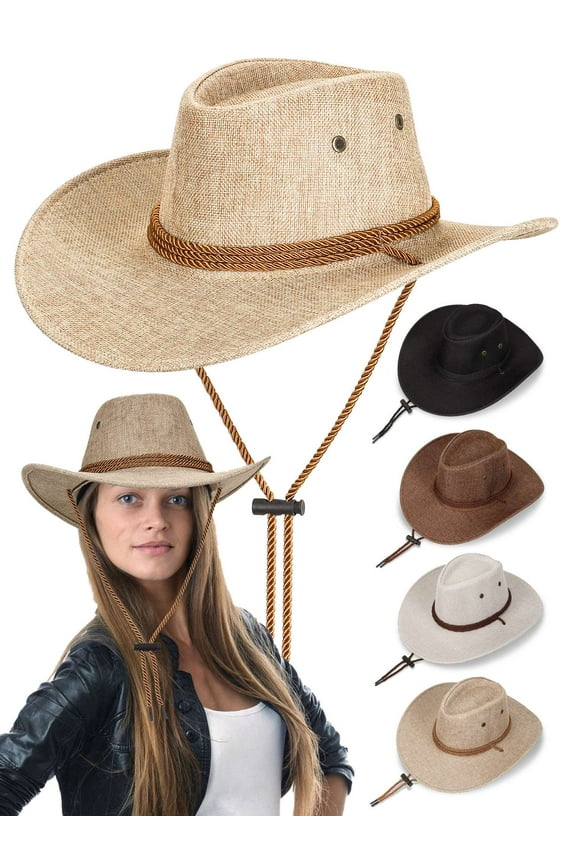 Women Men Classic Felt Western Cowboy Hat Fedora Outdoor Wide Brim Hat with Strap (White)