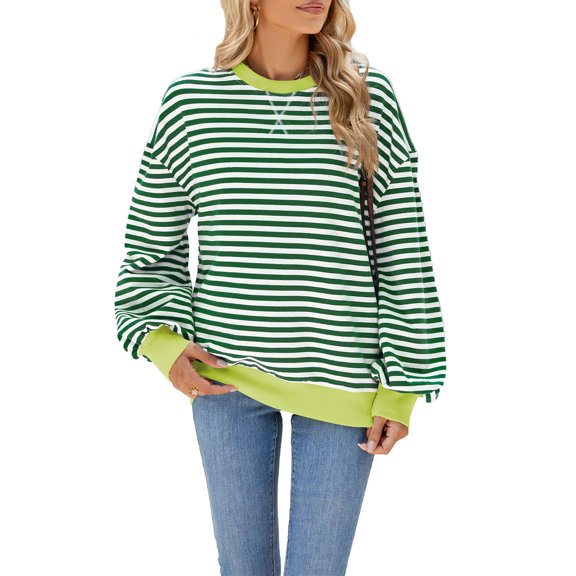 Deago Women Oversized Striped Color Block Long Sleeve Crew Neck Sweatshirt Casual Loose Pullover Y2K Shirt Top