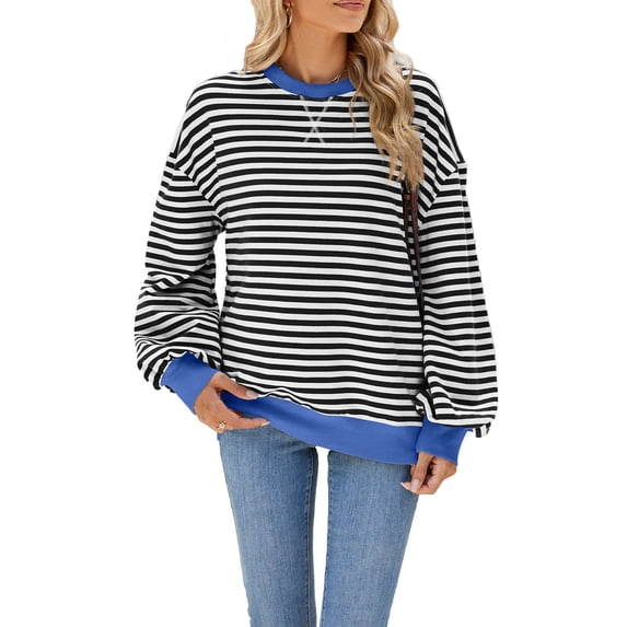 Deago Women Oversized Striped Color Block Long Sleeve Crew Neck Sweatshirt Casual Loose Pullover Y2K Shirt Top
