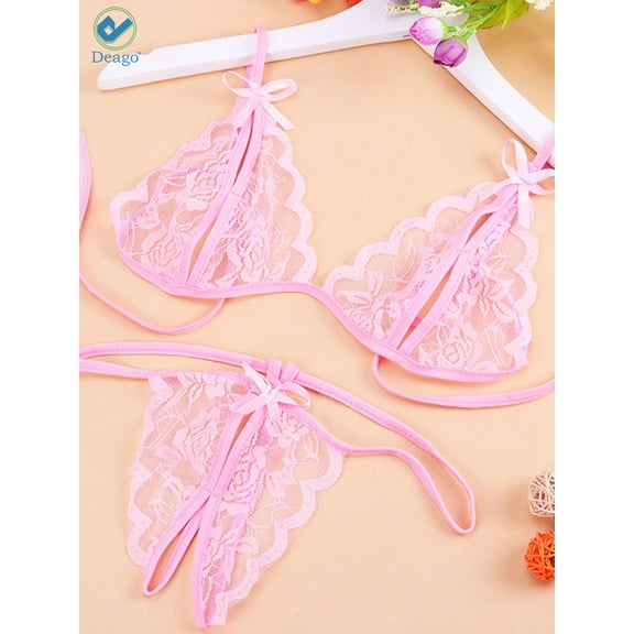 Deago Women Sexy Lingerie Nightwear Two Piece Babydoll Bra Panty G-String Underwear Set (Pink, M)