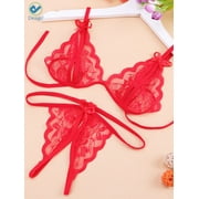 Deago Women Sexy Lingerie Nightwear Two Piece Babydoll Bra Panty G-String Underwear Set (Red, L)