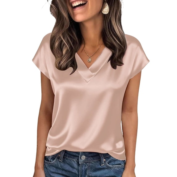 Deago Women Silk Satin Tops Cap Short Sleeve Blouse Summer V Neck Work Shirts Business Casual Dressy Outfits (Champagne, L)