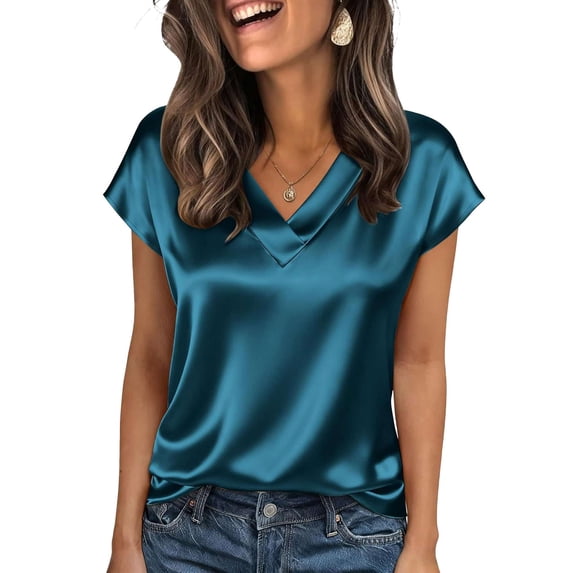 Deago Women Silk Satin Tops Cap Short Sleeve Blouse Summer V Neck Work Shirts Business Casual Dressy Outfits (Green, L)
