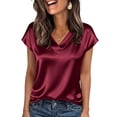 thumbnail image 1 of Deago Women Silk Satin Tops Cap Short Sleeve Blouse Summer V Neck Work Shirts Business Casual Dressy Outfits (Red, M), 1 of 9