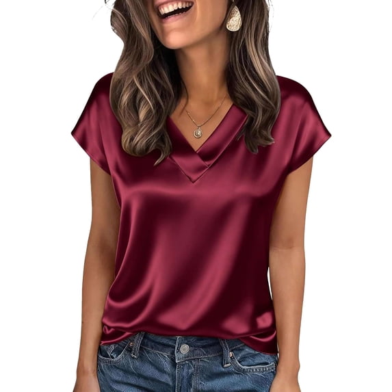 Deago Women Silk Satin Tops Cap Short Sleeve Blouse Summer V Neck Work Shirts Business Casual Dressy Outfits (Red, M)