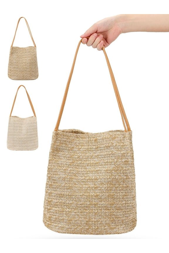 Women Straw Beach Bag Buckets Totes Handbag Shoulder Bag Tote Bag Summer Handbag (Dark Beige)
