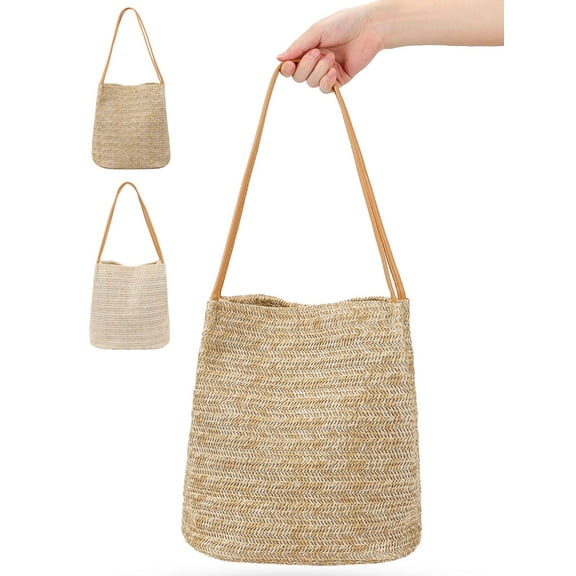 Deago Women Straw Beach Bag Buckets Totes Handbag Shoulder Bag Tote Bag Summer Handbag (Light Beige)