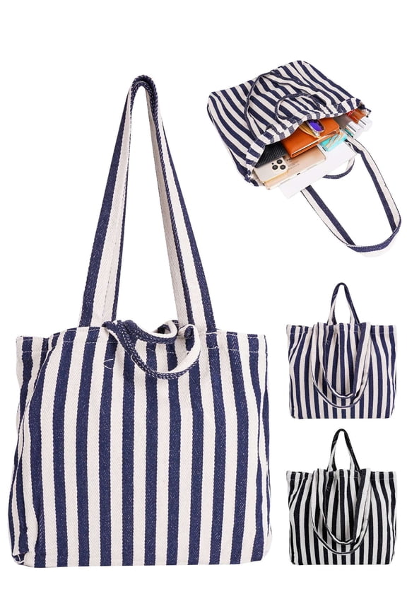 Women Striped Canvas Tote Handbags Casual Hobo Shoulder Bag Vintage Top Handle Purse for Work Travel (Black)