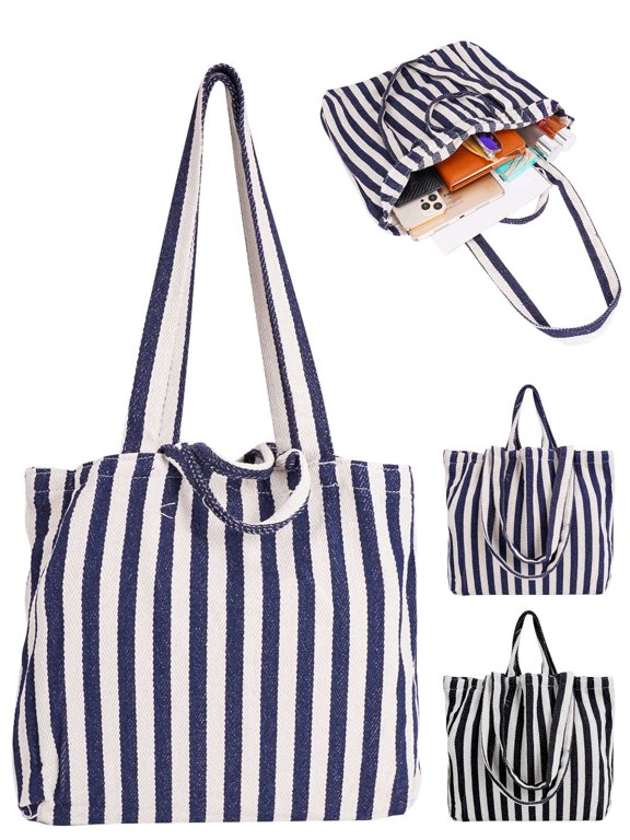 Women Striped Canvas Tote Handbags Casual Hobo Shoulder Bag Vintage Top Handle Purse for Work Travel (Black)
