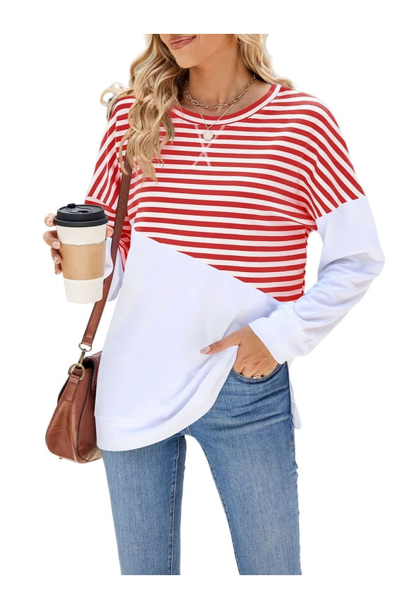 Women Striped Color Block Long Sleeve Crew Neck Sweatshirt Casual Loose Fit Pullover Shirts Side Split Tunic Tops