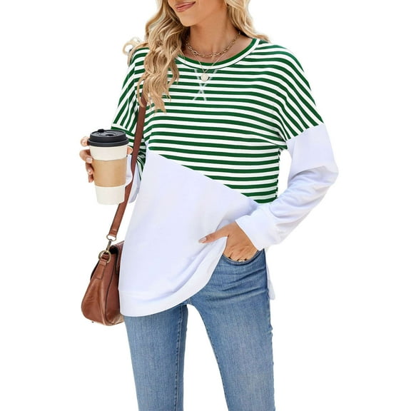 Deago Women Striped Color Block Long Sleeve Crew Neck Sweatshirt Casual Loose Fit Pullover Shirts Side Split Tunic Tops