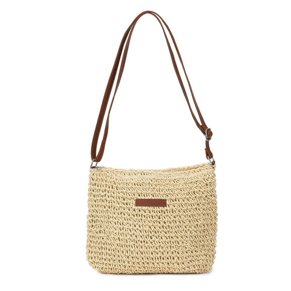 Deago Women Summer Straw Crossbody Bag Beach Handmade Woven Shoulder Handbag Purse (Beige)