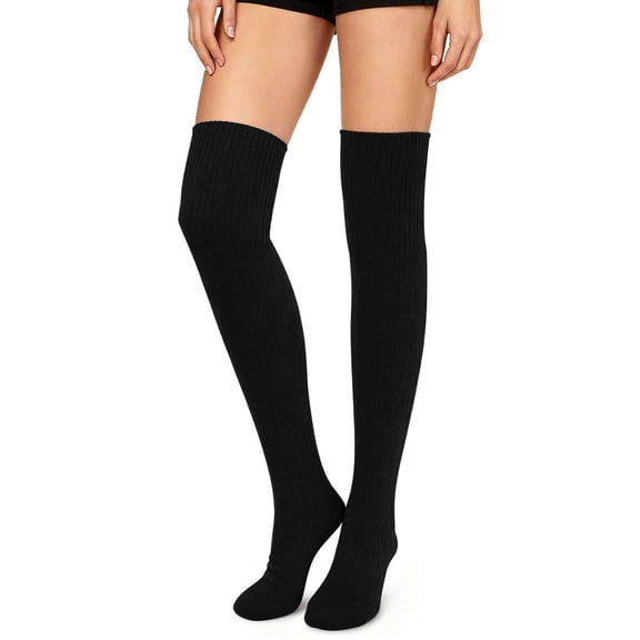 Deago Women Thigh High Socks Over the Knee Socks Cotton Knit Warm Long Boot Stockings Leg Warmers (Black)