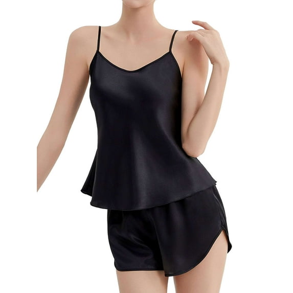 Deago Women V Neck Sexy Lingerie Satin Sleepwear Pajamas 2 Piece Cami Shorts Set Nightwear (Black, XL)
