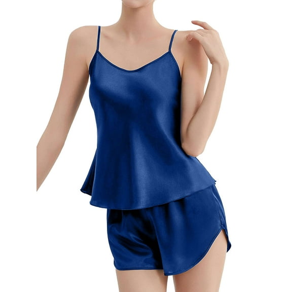 Deago Women V Neck Sexy Lingerie Satin Sleepwear Pajamas 2 Piece Cami Shorts Set Nightwear (Blue, XL)