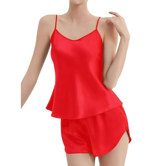 Deago Women V Neck Sexy Lingerie Satin Sleepwear Pajamas 2 Piece Cami Shorts Set Nightwear (Red, XL)