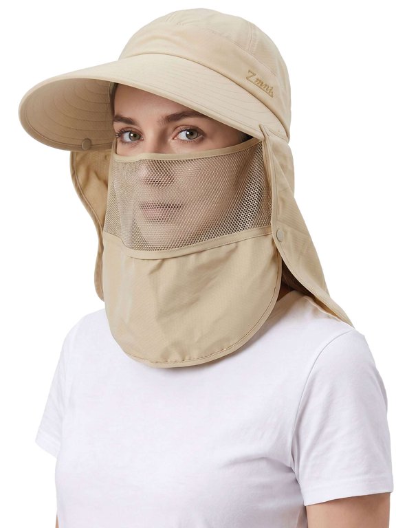 Women Wide Brim Face Mask Sun Hat Detachable Face Cover Neck Flap Ponytail Outdoor UV Protection Visor Hat Garden Fishing Hiking Cap