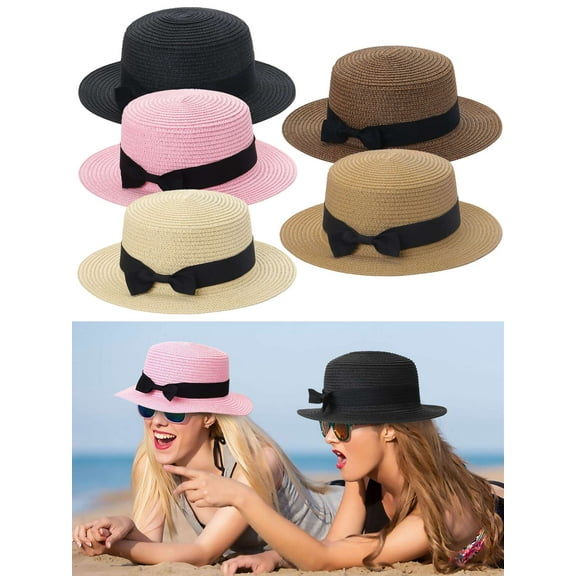 Deago Women Wide Brim Straw Boater Panama Hat Fedora Summer Beach Sun Hat UPF50+ (Khaki)