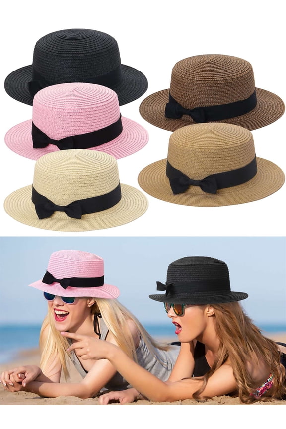 Women Wide Brim Straw Boater Panama Hat Fedora Summer Beach Sun Hat UPF50+ (Khaki)