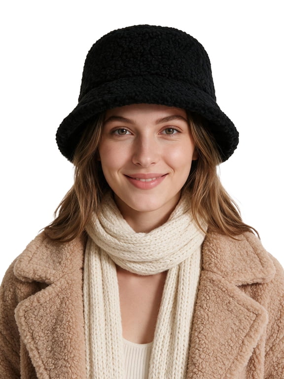 Women Winter Bucket Hat Vintage Cloche Hats Warm Faux Fur Wool Outdoor Fisherman Cap (Black)
