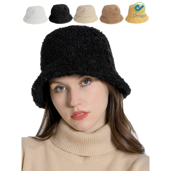 Deago Women Winter Bucket Hat Vintage Cloche Hats Warm Faux Fur Wool Outdoor Fisherman Cap (Black)