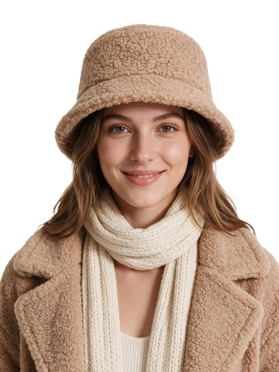 Women Winter Bucket Hat Vintage Cloche Hats Warm Faux Fur Wool Outdoor Fisherman Cap (Khaki)