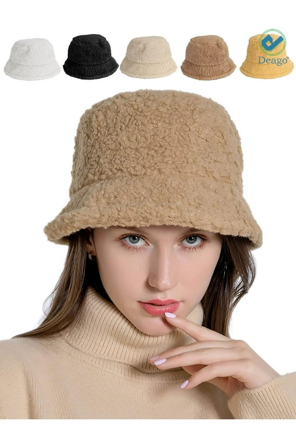 Women Winter Bucket Hat Vintage Cloche Hats Warm Faux Fur Wool Outdoor Fisherman Cap (Khaki)