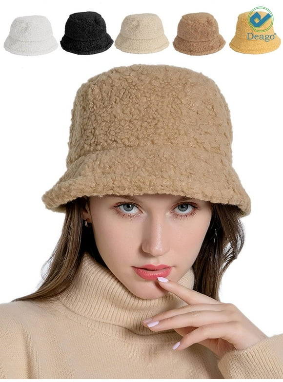 Deago Women Winter Bucket Hat Vintage Cloche Hats Warm Faux Fur Wool Outdoor Fisherman Cap (Khaki)