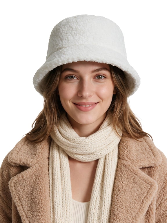 Women Winter Bucket Hat Vintage Cloche Hats Warm Faux Fur Wool Outdoor Fisherman Cap (White)