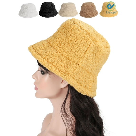 Deago Women Winter Bucket Hat Vintage Cloche Hats Warm Faux Fur Wool Outdoor Fisherman Cap (Yellow)
