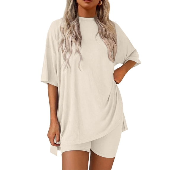 Deago Women's 2 Piece Lounge Set Summer Casual Loose Shirts Biker Shorts Matching Airport Travel Outfit Clothes (Beige, 2XL)
