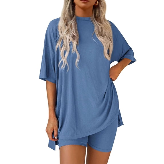 Deago Women's 2 Piece Lounge Set Summer Casual Loose Shirts Biker Shorts Matching Airport Travel Outfit Clothes (Blue, L)