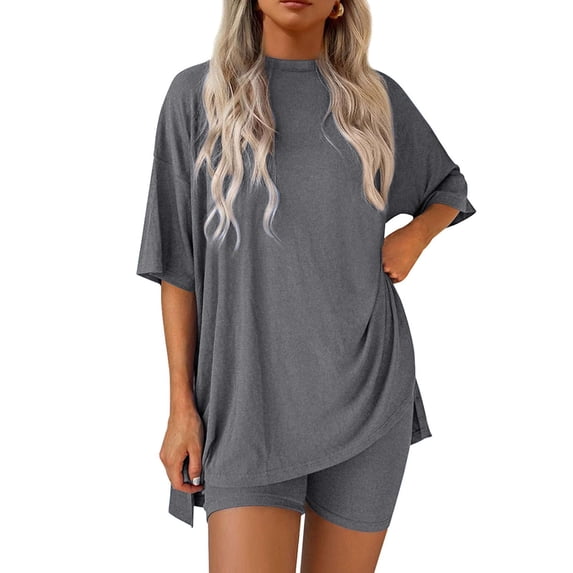 Deago Women's 2 Piece Lounge Set Summer Casual Loose Shirts Biker Shorts Matching Airport Travel Outfit Clothes (Gray, L)