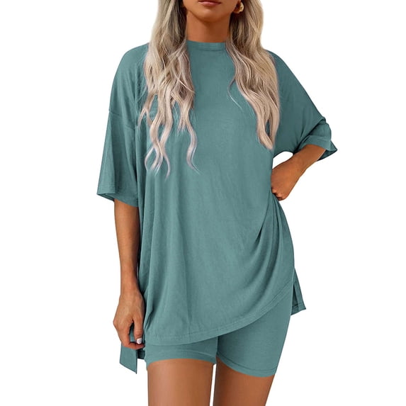 Deago Women's 2 Piece Lounge Set Summer Casual Loose Shirts Biker Shorts Matching Airport Travel Outfit Clothes (Green, S)