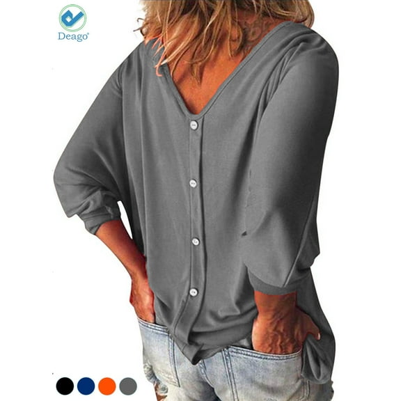 Deago Women's 3/4 Sleeve Loose Blouse Casual Tee T-Shirt V Neck Button Down Back Solid Tops For Summer Fall (M, Gray)
