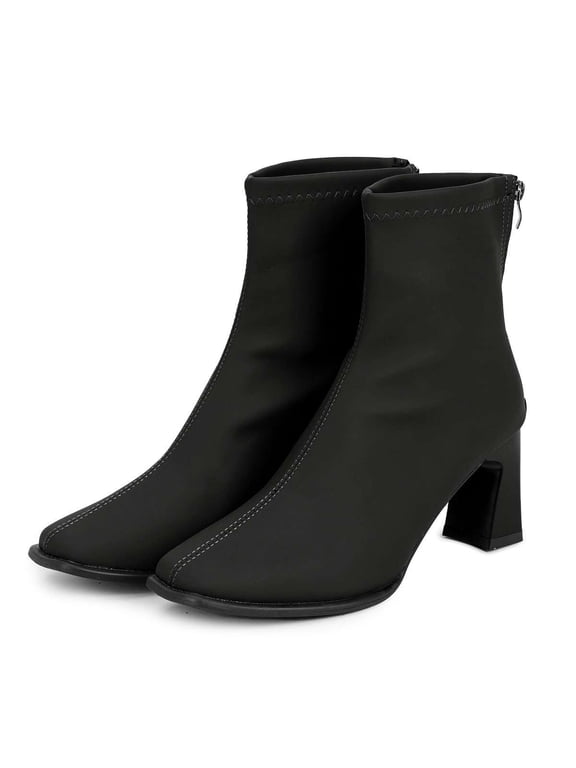 Women's Ankle Boots Square Toe Back Zipper Chunky Block Heel Mid Calf High Heeled Short Booties