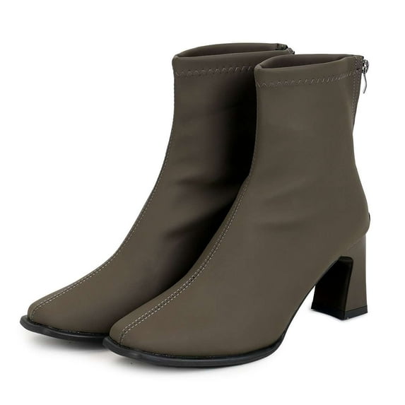 Deago Women's Ankle Boots Square Toe Back Zipper Chunky Block Heel Mid Calf High Heeled Short Booties
