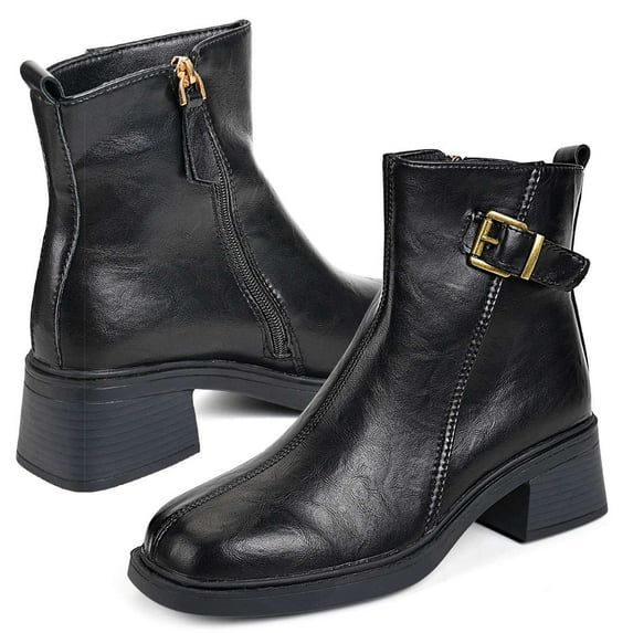 Deago Women's Ankle Boots Square Toe Mid Heels Chunky Cutout Booties with Side Zipper Buckle Strap