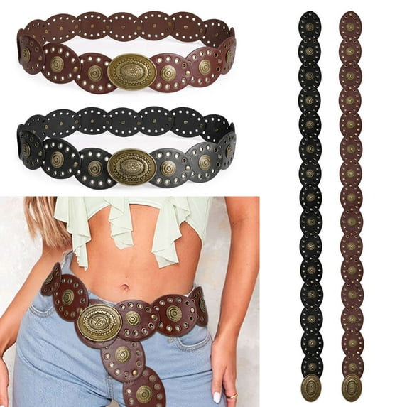 Deago Women's Boho Disc Belt Wide Western Leather Belt Vintage Concho Waist Belts for Dress Jeans (Coffee)