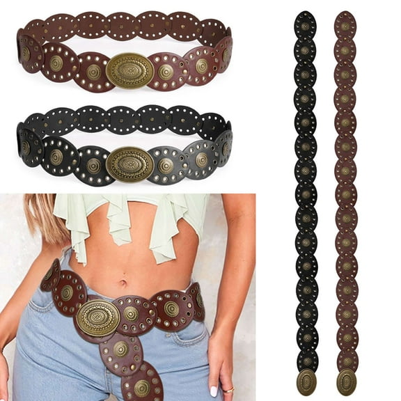 Deago Women's Boho Disc Belt Wide Western Leather Belt Vintage Concho Waist Belts for Dress Jeans (Coffee)