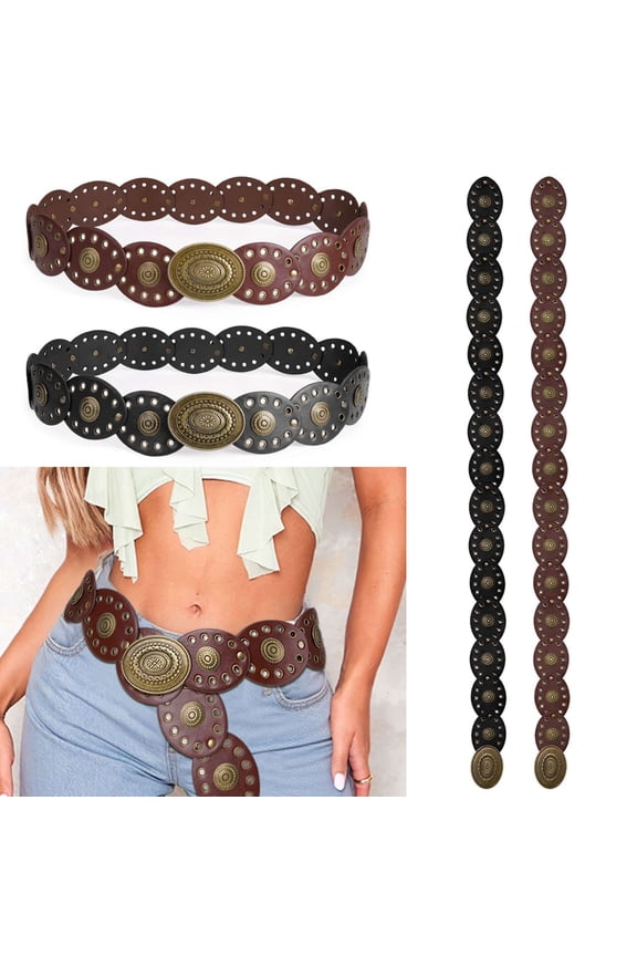 Women's Boho Disc Belt Wide Western Leather Belt Vintage Concho Waist Belts for Dress Jeans (Coffee)