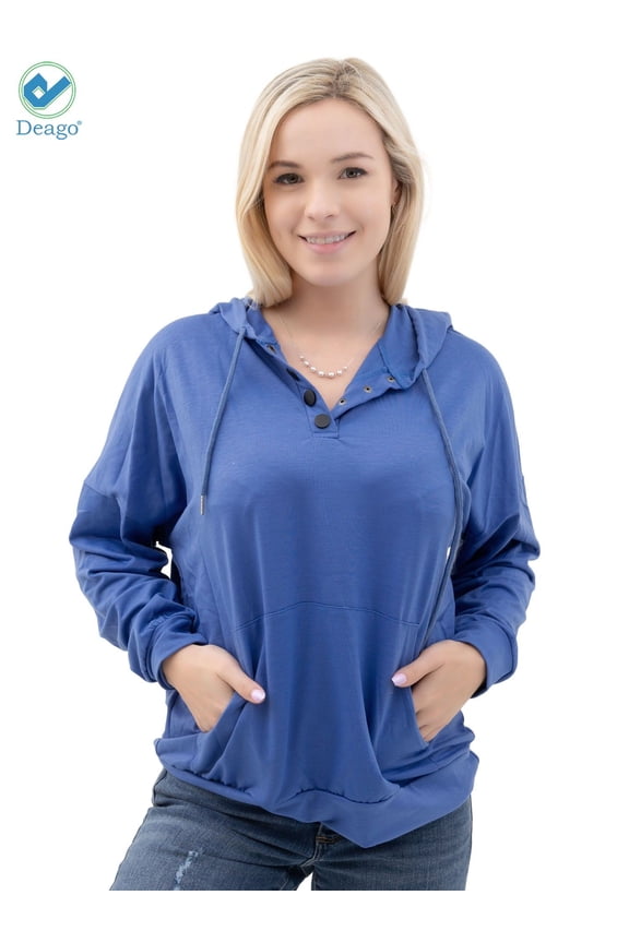 Women's Button Down Hoodies Long Sleeve Casual Drawstring Pullover Sweatshirts Tops with Pocket (Blue, M)