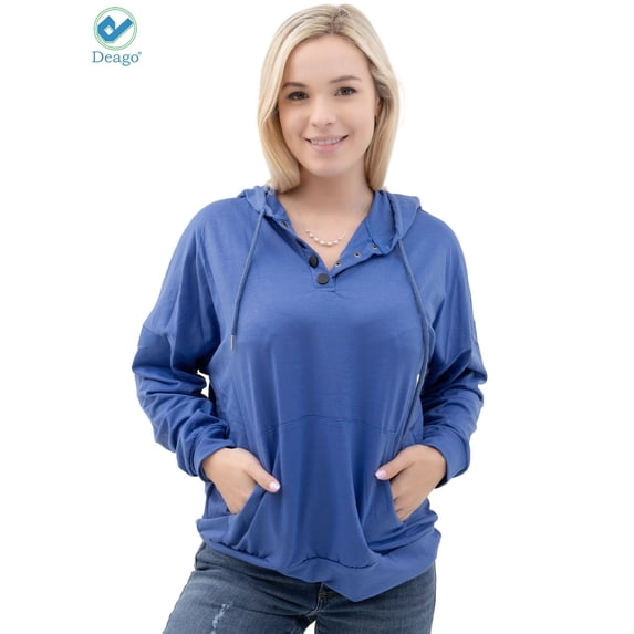 Deago Women's Button Down Hoodies Long Sleeve Casual Drawstring Pullover Sweatshirts Tops with Pocket (Blue, M)