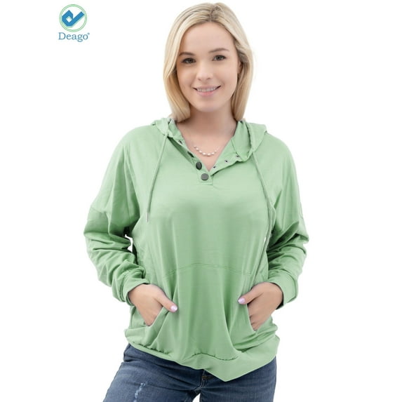 Deago Women's Button Down Hoodies Long Sleeve Casual Drawstring Pullover Sweatshirts Tops with Pocket (Green, L)