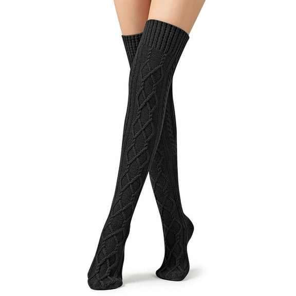 Deago Women's Cable Knitted Thigh High Boot Socks Extra Long Winter Stockings Over Knee Leg Warmers (Black)