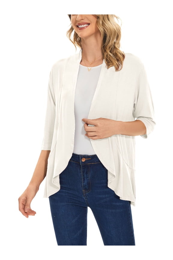 Women's Casual Lightweight Open Front Cardigans Soft Draped Ruffles 3/4 Sleeve Cardigan (Beige, 2XL)